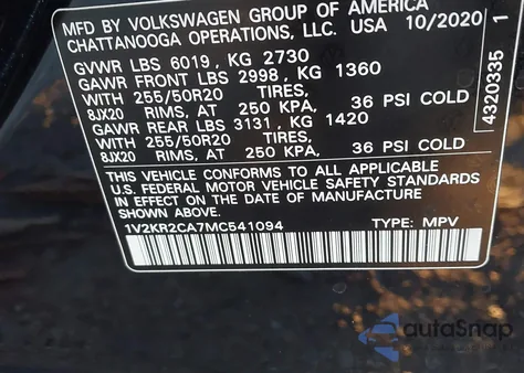 2021 Volkswagen Atlas 3.6L V6 Se W/Technology z USA, uszkodzony, nr VIN 1V2KR2CA7MC541094